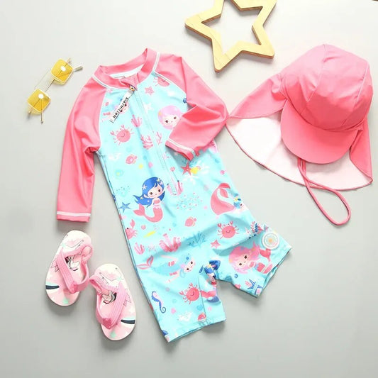 Girls UPF50 UV Swim Suit and Hat - Mermaid *