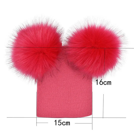 Double Pom Pom Fur Hat Fushia