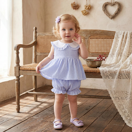 Baby Girls’ blue striped Peter Pan dress and bloomer set, ruffled collar