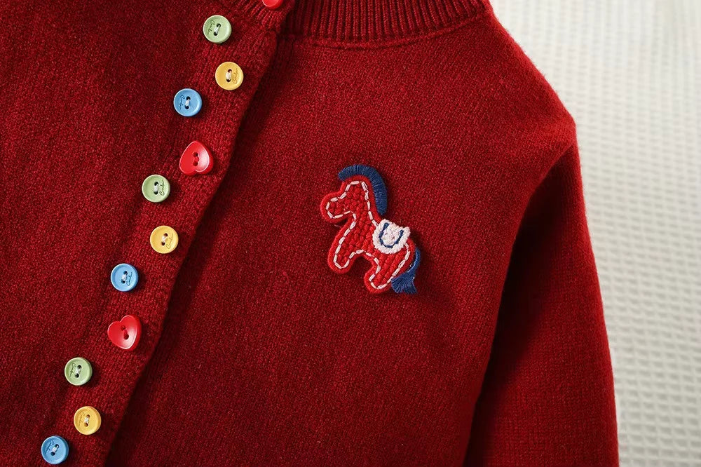 Girls red cardigan with unicorn patch and multicolor button row