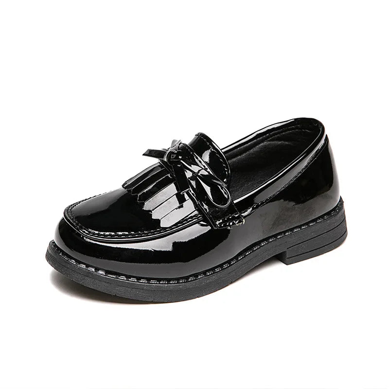 Girls Black Patent Leather Chunky Mocassin School Shoes