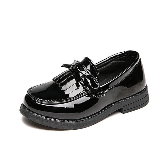 Girls Black Patent Leather Chunky Mocassin School Shoes