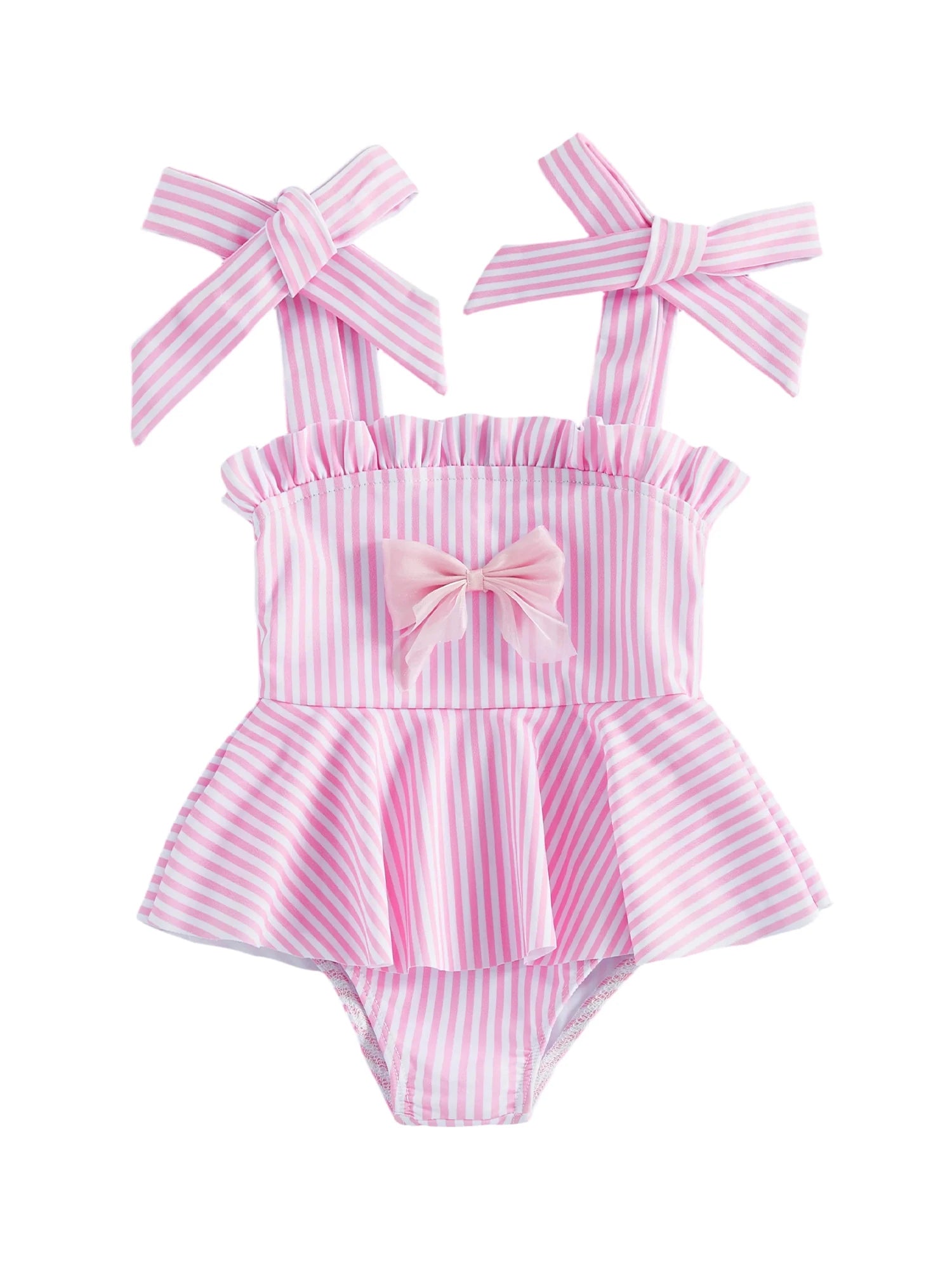 Girls pink striped swimsuit with ruffled neckline, bow straps, and peplum skirt