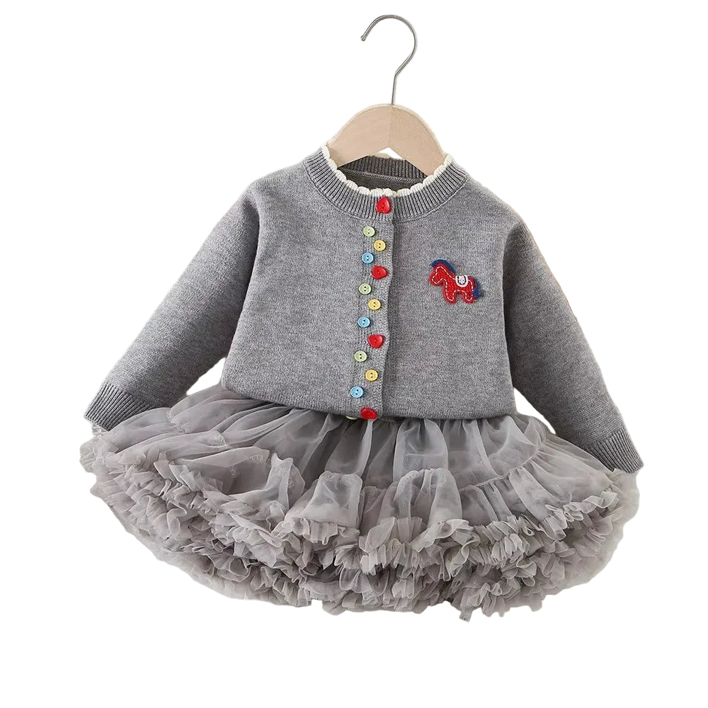 Girls sweater and tulle skirt set, gray cardigan with ruffled tulle skirt and embroidered horse