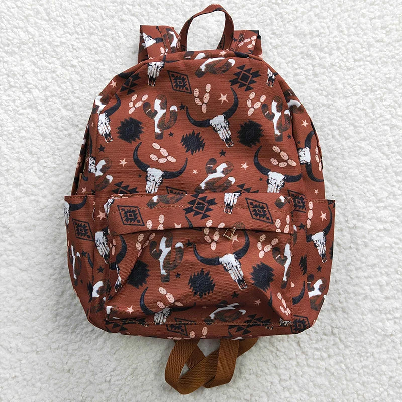 Brown backpack with bull pattern on a white textured background