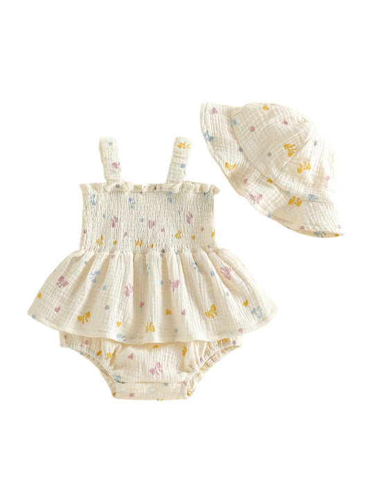 Baby Girls Floral Summer Dress & Bloomers Set with Matching Sun Hat
