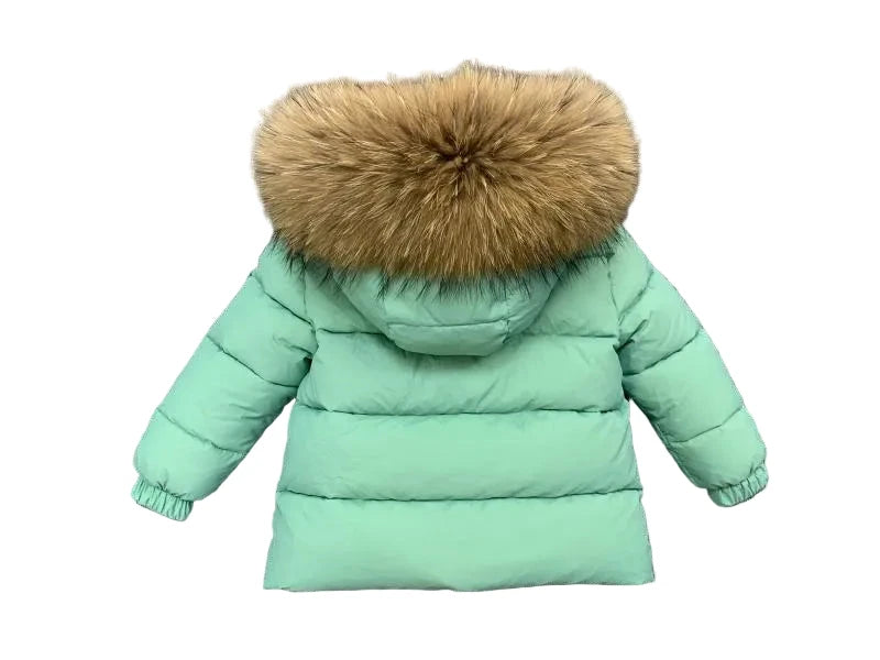 Winter Coat Mint Green High Gloss finish Natural Racoon fur Hood