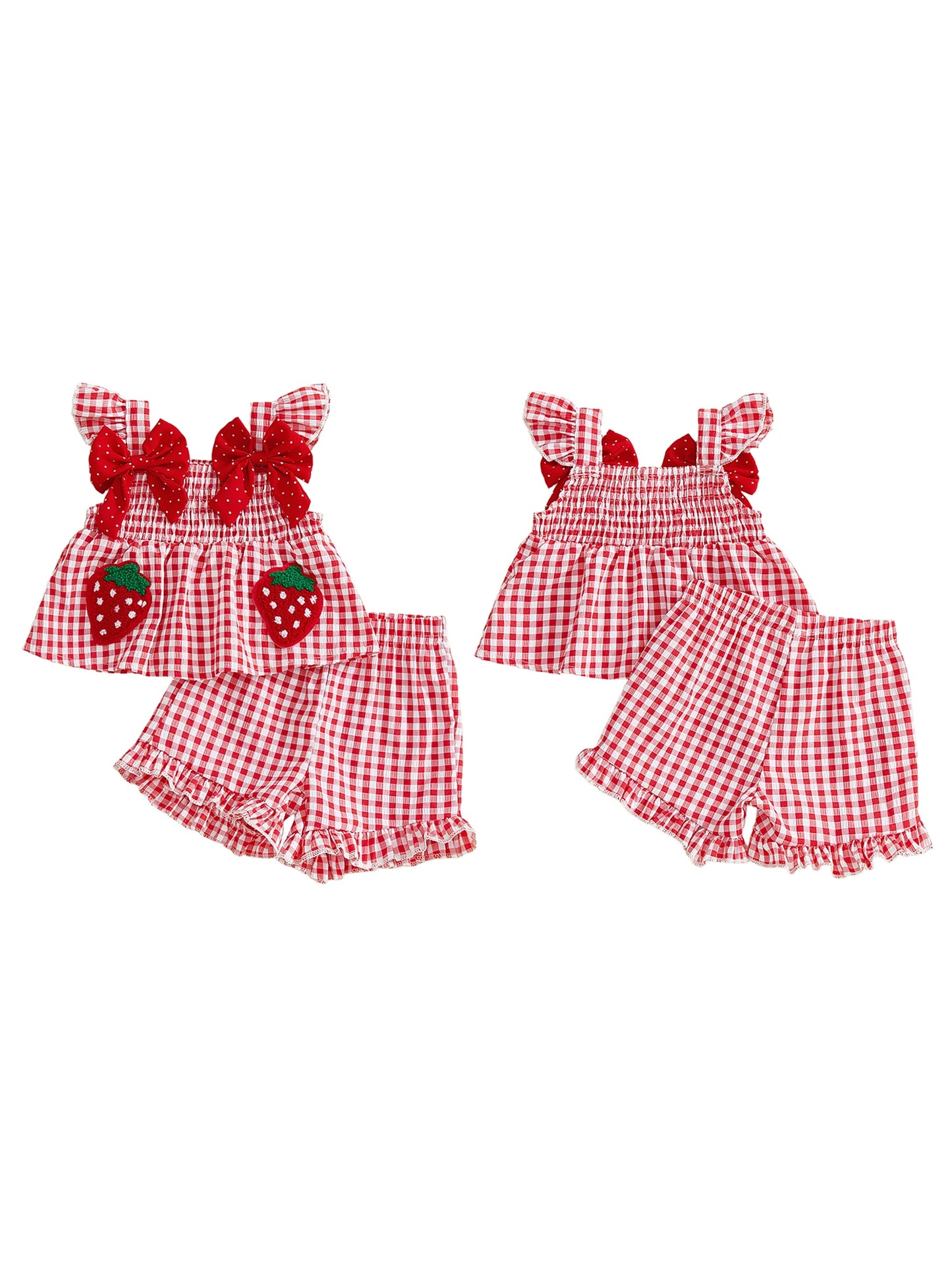 Girls Toddle Red Gingham Strawberry Bow Top & Shorts Set *Online Product