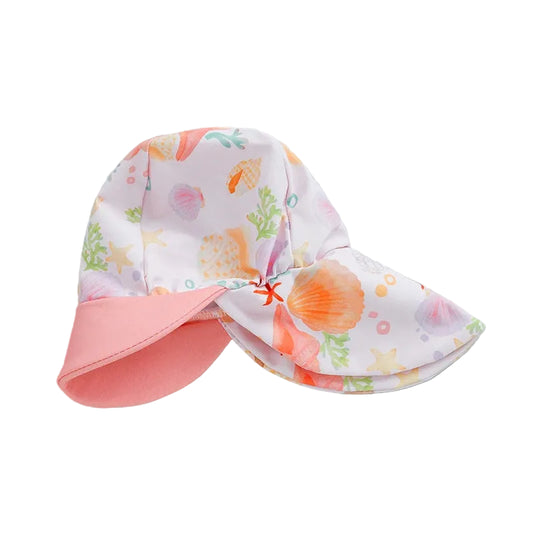 Colorful children's sun hat with sea-themed pattern on a light blue background