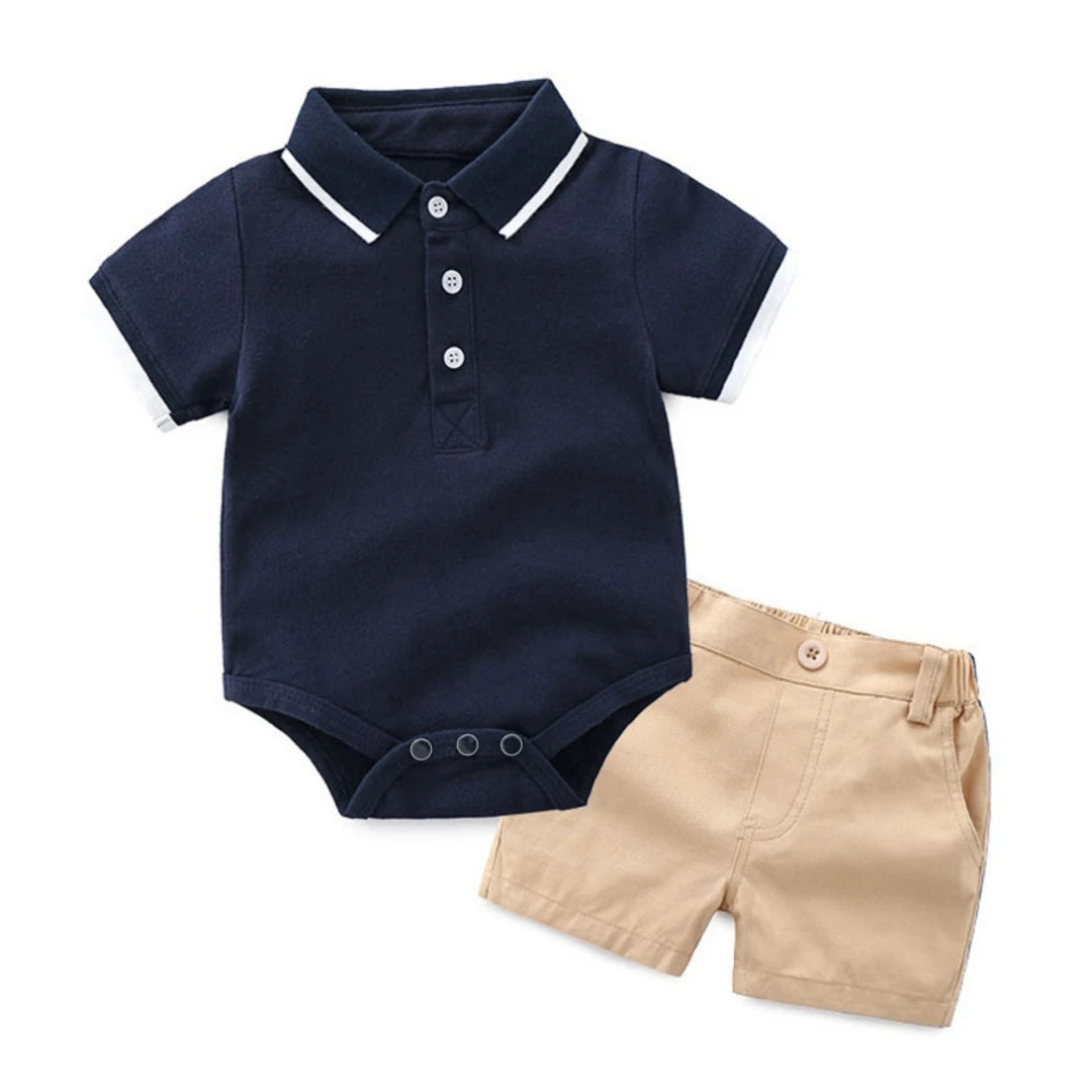 Baby polo bodysuit and shorts set, navy top with white collar trim and beige shorts