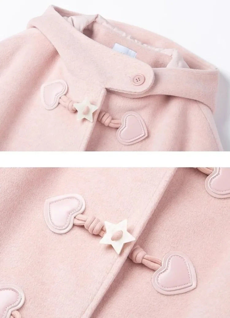 Light pink hooded coat close-up: heart and star toggle buttons with flap pocket