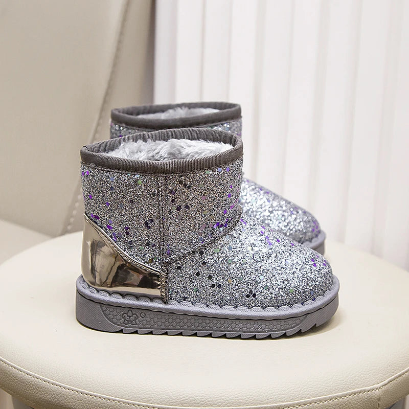 Kids silver glitter snow boots, short height, gray fuzzy lining, slip-on