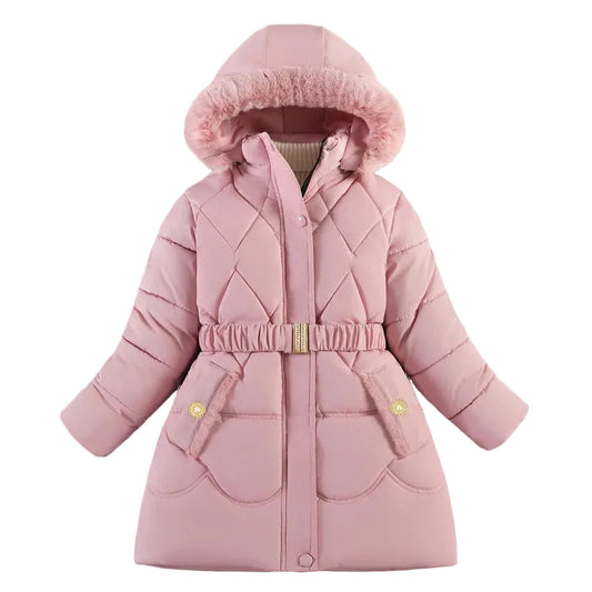 Girls' pink hooded puffer coat with faux fur trim, belted waist, front zip