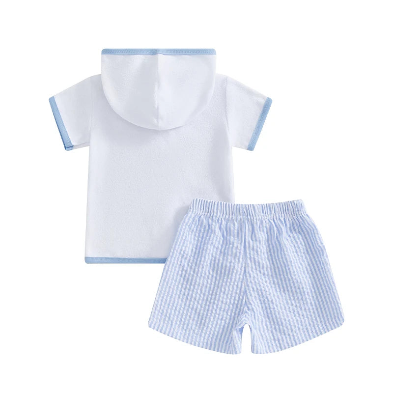 Boys terry towelling hooded set with blue-trim hood back and striped drawstring shorts