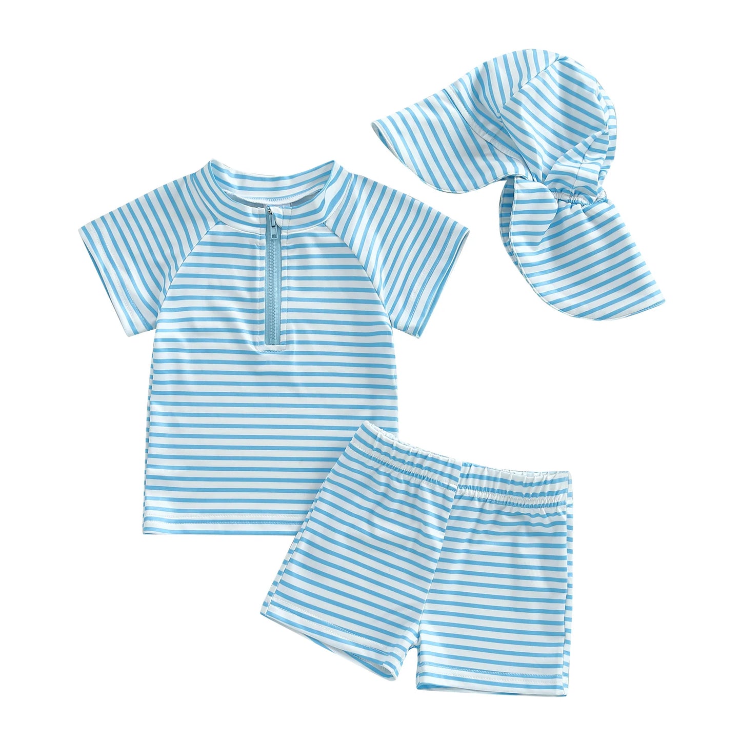 Blue and white striped swimsuit set with a hat on a white background