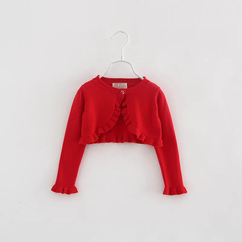 Kids knit cardigan, red long sleeves, cropped with bow-like ruffle front and button