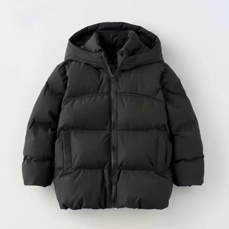 Black hooded puffer jacket for kids, thick quilted insulation with zip-front.