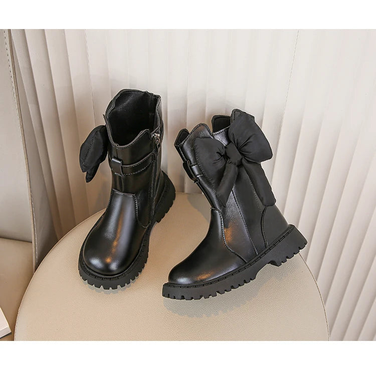 Girls Mid Calf Black Bow Boots