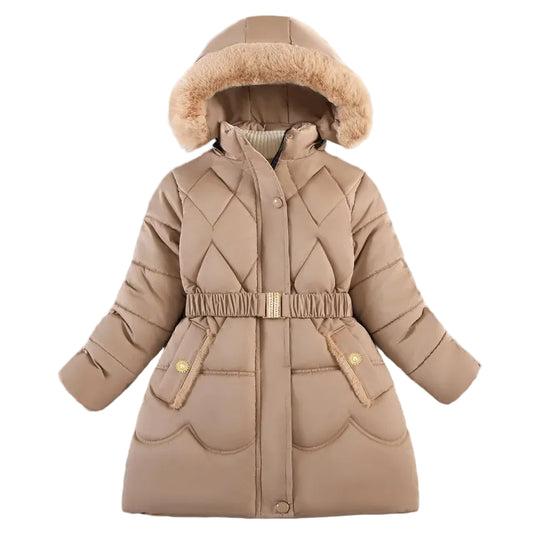 Girls' beige hooded puffer coat with faux fur trim, belted waist, long sleeves