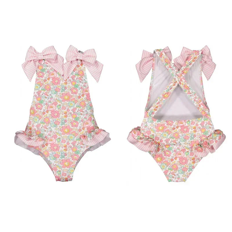 Girls Blue Floral Swimsuit with Bows & Crossover Back (2–7 Years) *Preorder