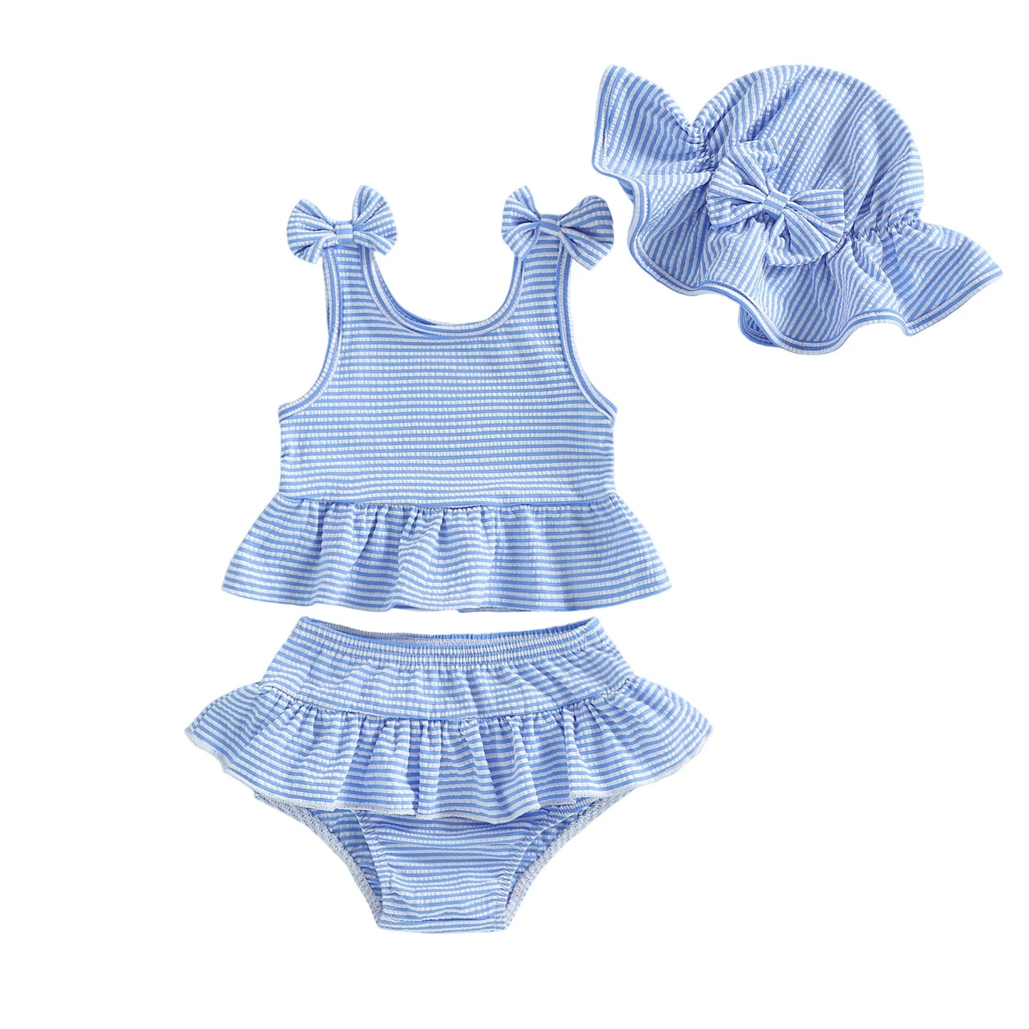Blue and white striped swimsuit set with matching hat on a white background