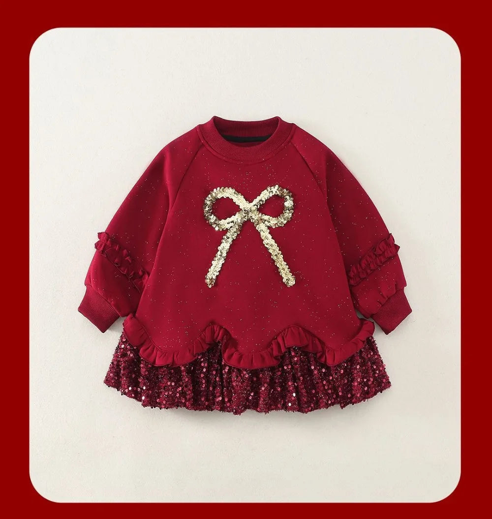 Red velvet girls dress with gold sequin bow applique and glitter ruffle hem