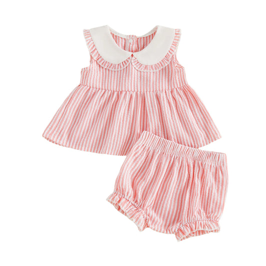 Pink striped Peter Pan collar dress with gathered skirt and matching bloomer shorts