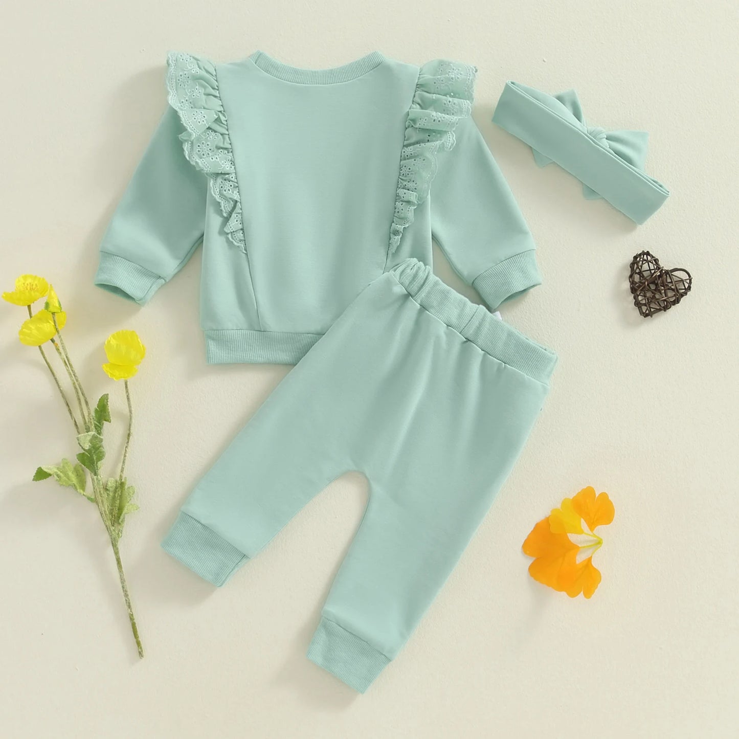 Girls Two Piece Frilled Jogger Set Mint Green with Headband