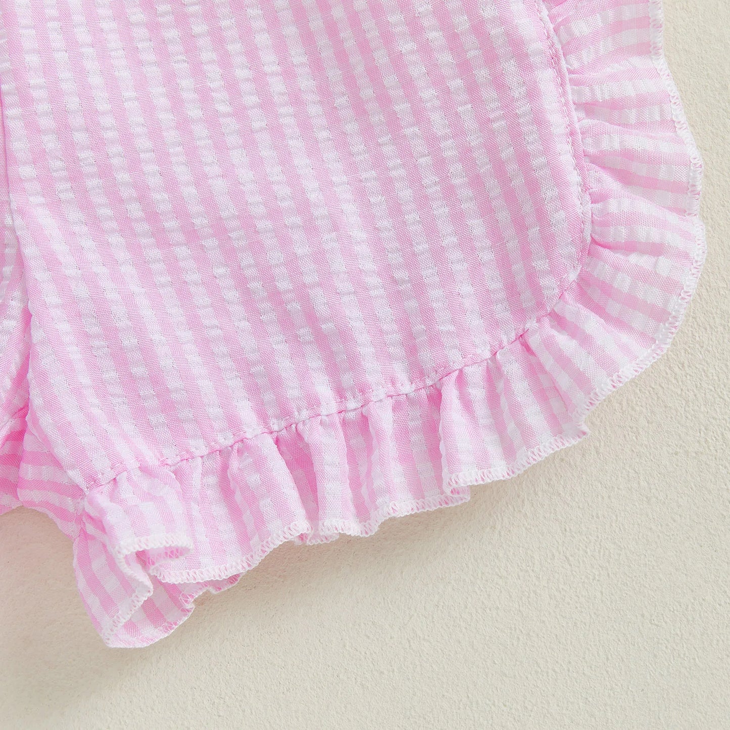 Girls’ Summer Beach Pink Clothes Set – Short Sleeve Hood Top & Ruffled Plaid Shorts (1–5 Years) *Preorder