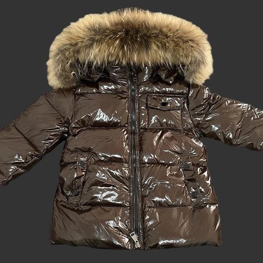 Winter Coat Brown High Gloss finish Natural Racoon fur Hood