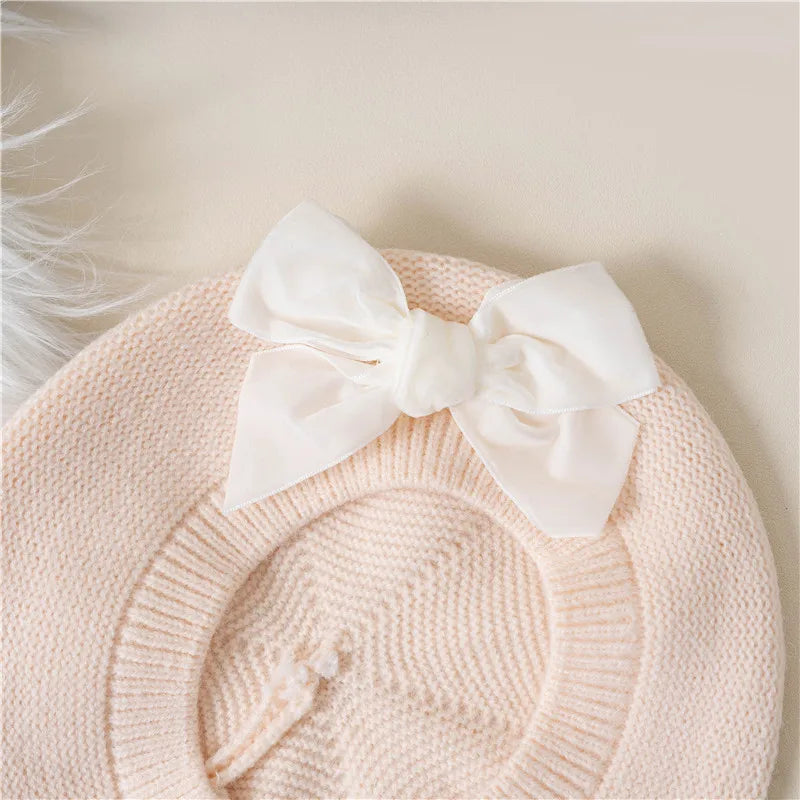 Girls Beret Hat Velvet Bow Ivory