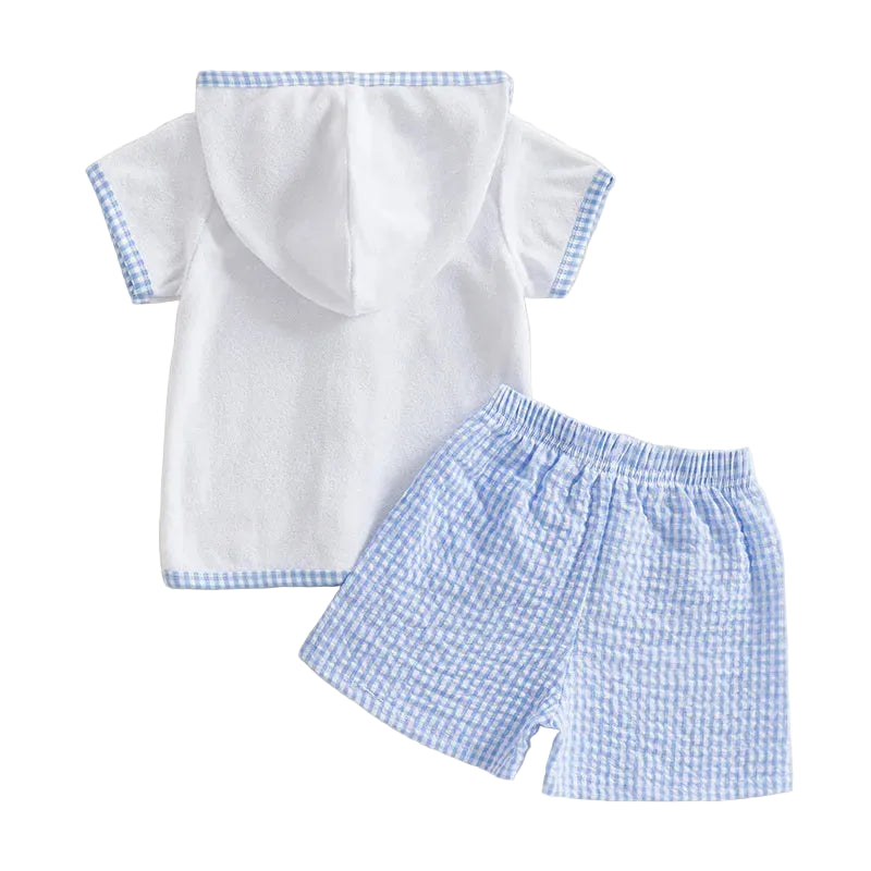 Boys Terry Towelling Hooded Summer Set – Blue Gingham Shorts (1–5 Years) *Preorder