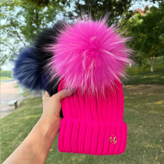 Pom Pom Raccoon Fur Hat - Fushia