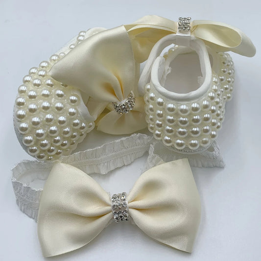 Dolly Bling Pram Shoes Ivory Beaded withhead band *