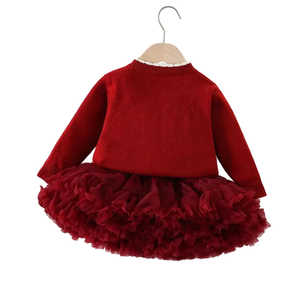 Girls sweater and tulle skirt set, red long-sleeve pullover with ruffled tulle skirt