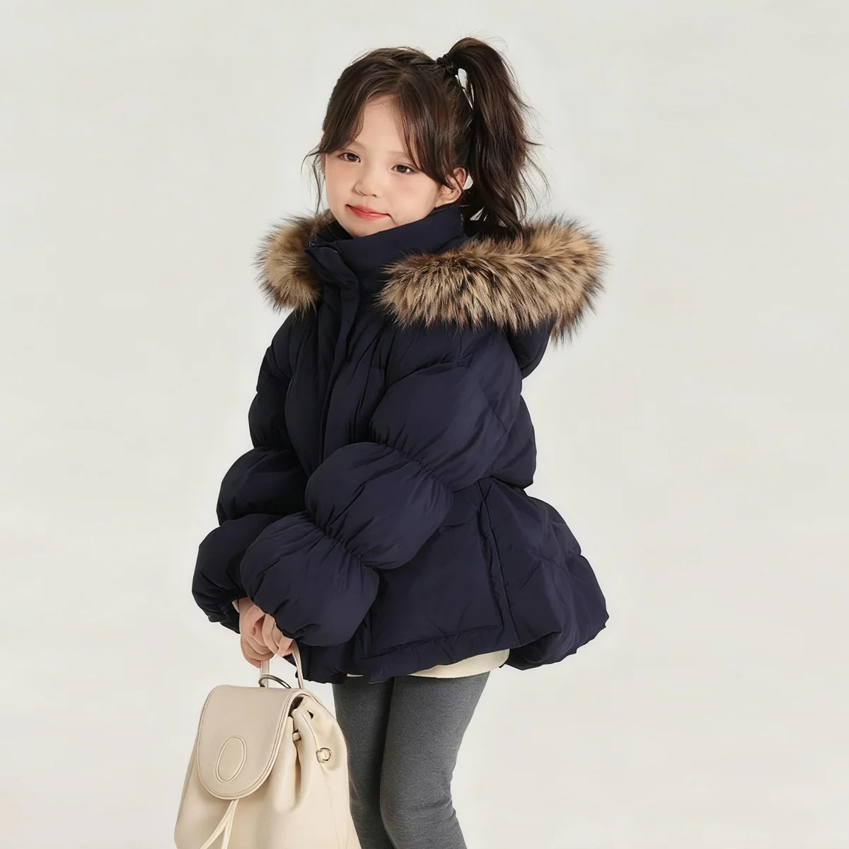 Girls Navy Blue Coat Natural Fur Hood