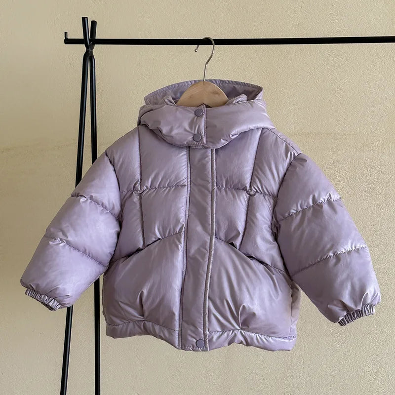 Girls lavender hooded puffer jacket with front zipper and padded quilted panels