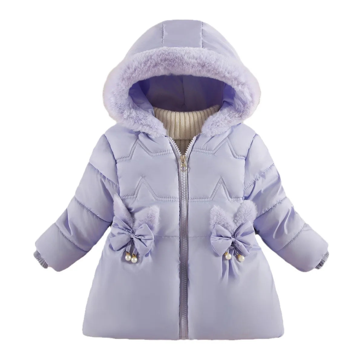 A light lavender baby girl's winter puffer coat with a hood, faux fur trim, star quilted pattern, and decorative bows on the front pockets.