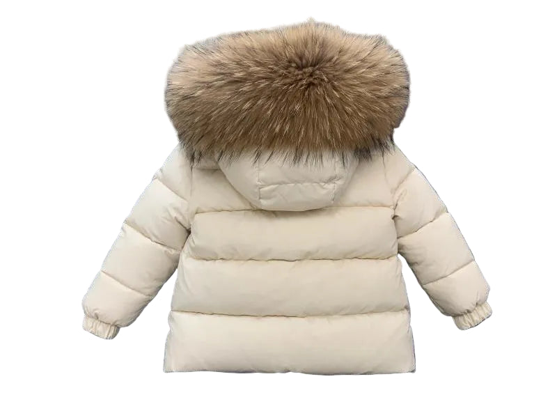Winter Coat Off White Matt finish Natural Racoon fur Hood