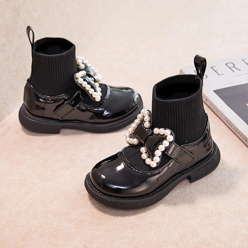 Girls Black Pearl Bow Sock Boot