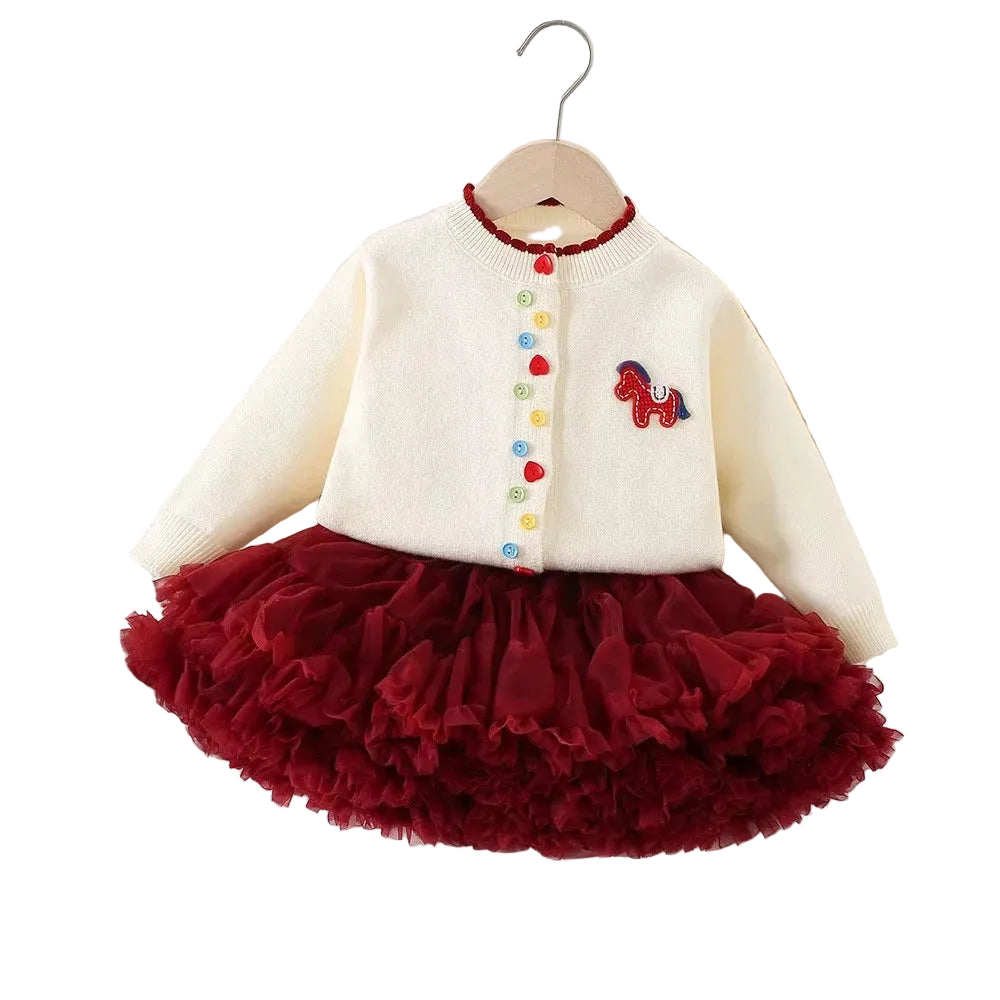 Girls sweater and tulle skirt set, cream cardigan with multicolor buttons and red tulle skirt