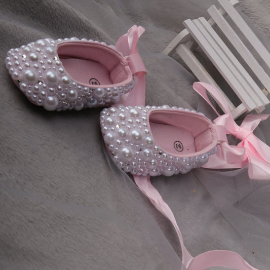 Dolly Bling Pram Shoes Pink Ballerina Pearls