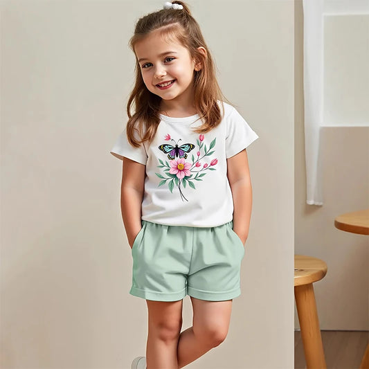 Young girl wearing a white t-shirt with a floral design and light green shorts, standing against a plain background.