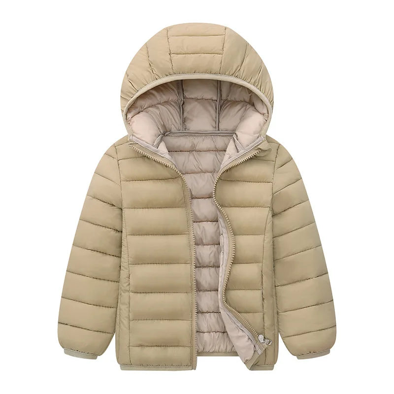 Kids duck down puffer jacket in beige, hooded full-zip with quilted insulation