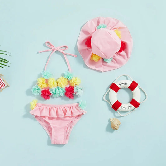 Girls Princess Baby Pink 3-piece Floral Bikini Set *