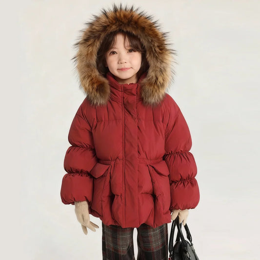 Girls Red Coat Natural Fur Hood