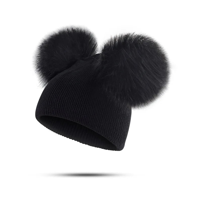 Double Pom Pom Fur Hat Black