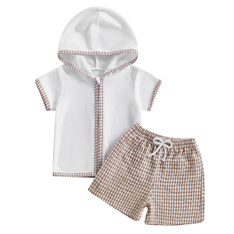 Children's hoodie and shorts set with checkered pattern on a white background