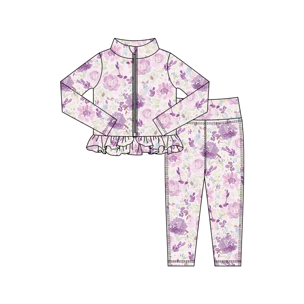 Girls gym set ruffle hem lilac floral print