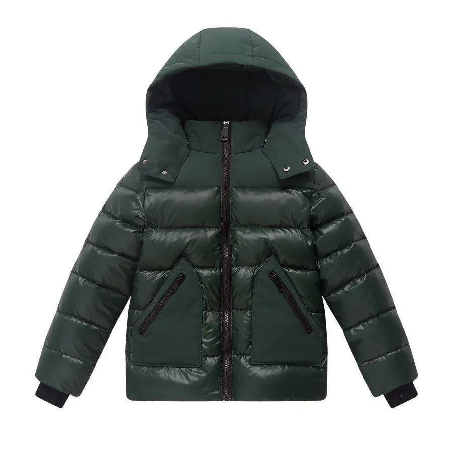 Green puffer jacket with a hood on a white background